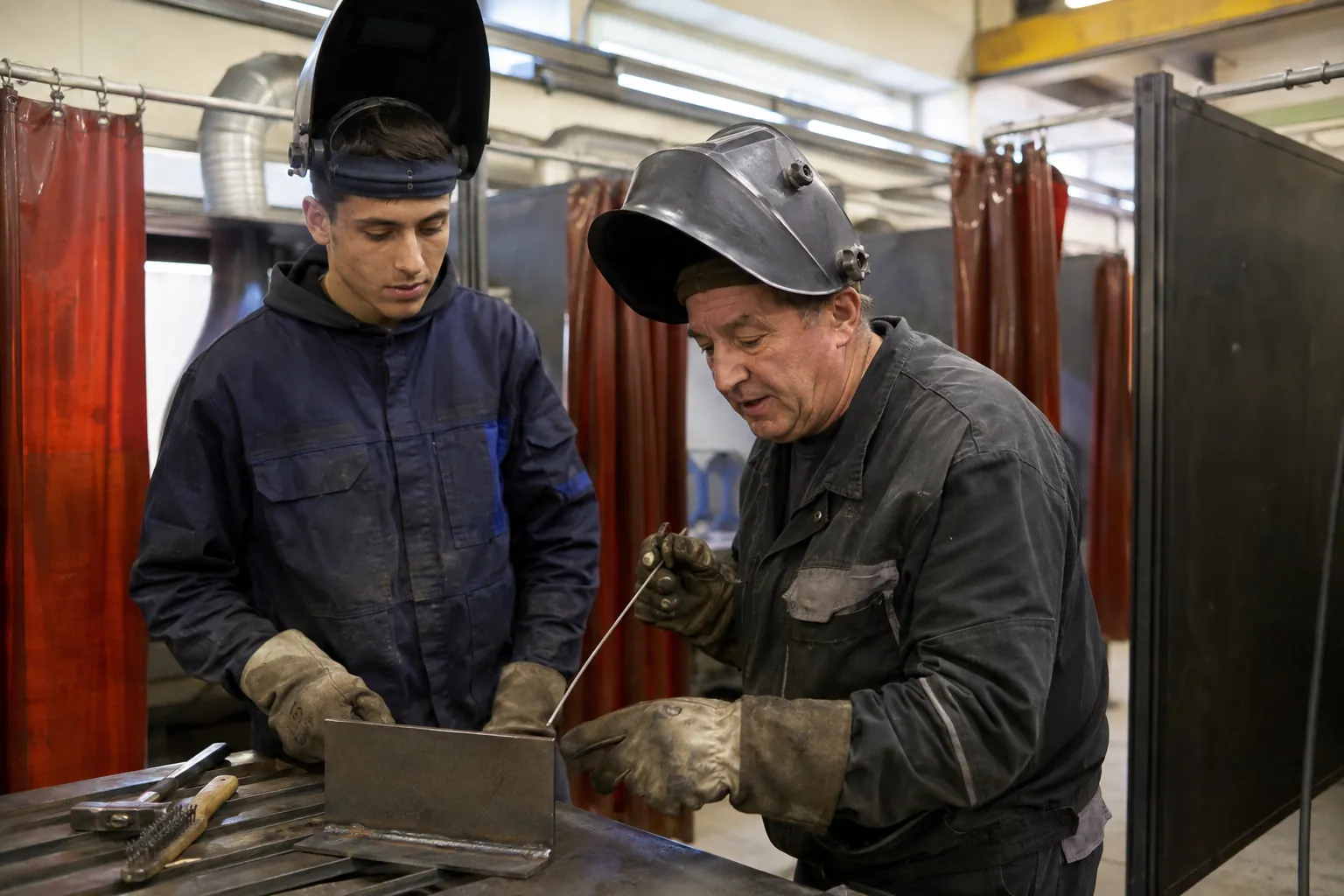 Formateur expliquant un geste de soudage à un apprenti