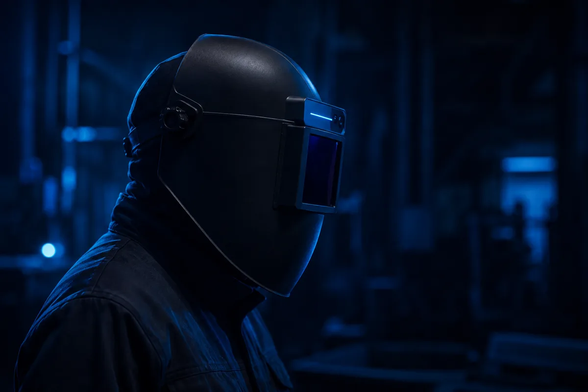 Welder in profile wearing the MIA helmet, protective visor lowered