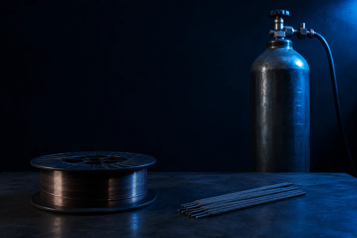 Bobine de fil de soudage, électrodes enrobées et bouteille de gaz de protection