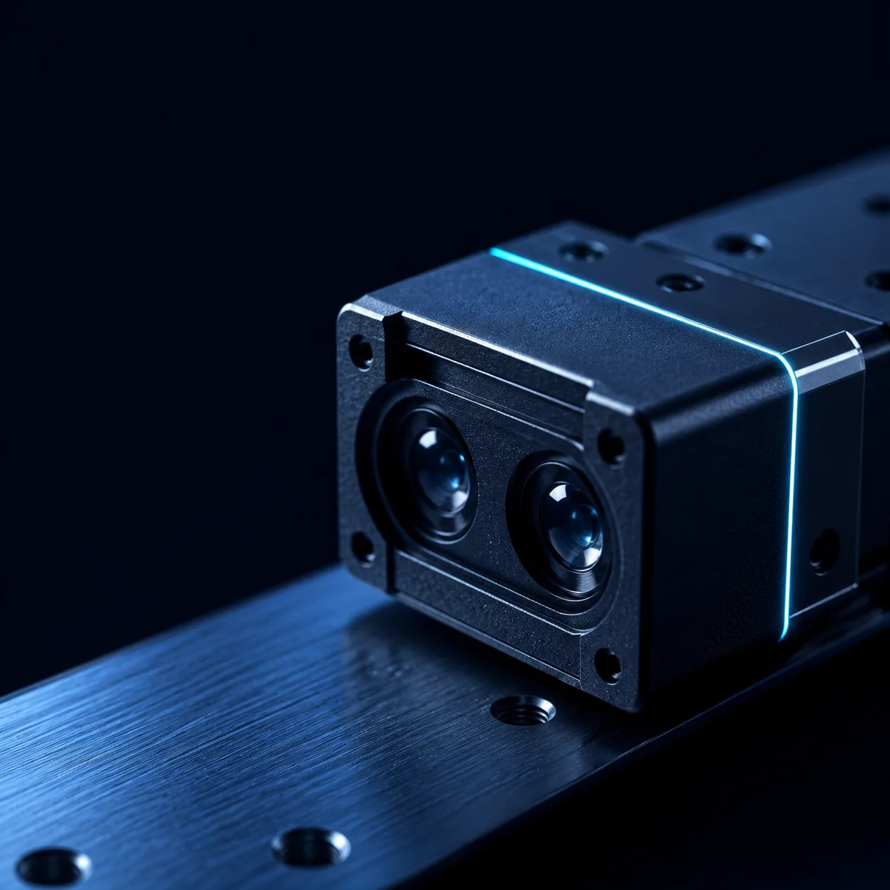 Module optique industriel à deux capteurs monté sur une platine d'acier brossé
