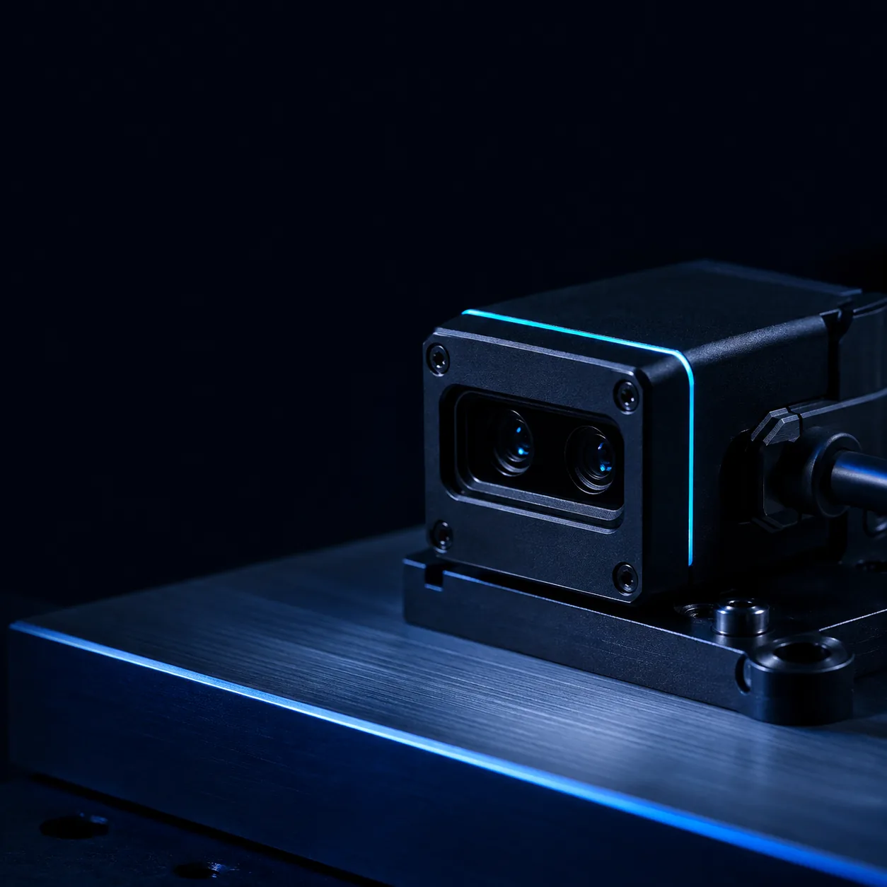 Module optique industriel de précision, vue rapprochée en lumière froide